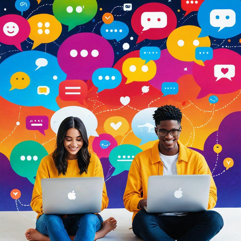 A whimsical depiction of two people on separate laptops, surrounded by colorful speech bubbles symbolizing communication. The background features a digital landscape, with connecting lines representing online relationships. The atmosphere is friendly and inviting, showcasing warmth and understanding. Use bright, vibrant colors to evoke a sense of positivity and connection. super-realistic. vibrant colors. digital art.