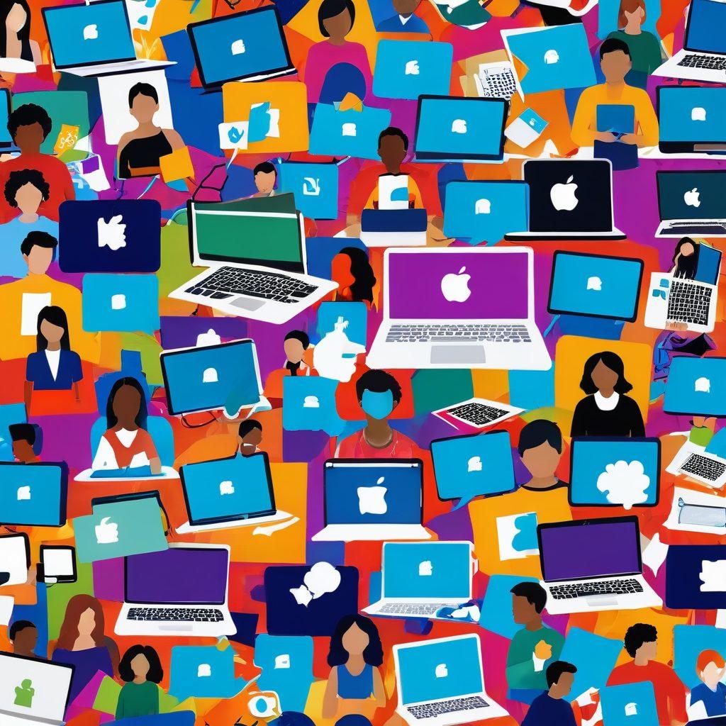 A vibrant collage depicting diverse individuals using laptops and smartphones, exchanging ideas and building connections through social media icons. Include symbols of blogging such as pens and notepads, set against a background of colorful network lines connecting them all. Emphasize a sense of community and engagement. bright and dynamic. vector art. colorful.