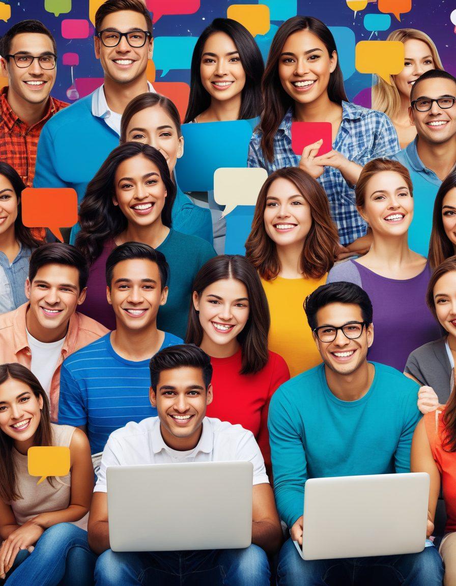 An engaging collage showcasing diverse individuals actively participating in a vibrant online community, featuring laptops, smartphones, and visual representations of social media platforms. Include elements symbolizing connection, like glowing network lines and speech bubbles. The background should be colorful and dynamic, reflecting modern technology. super-realistic. vibrant colors. digital art.